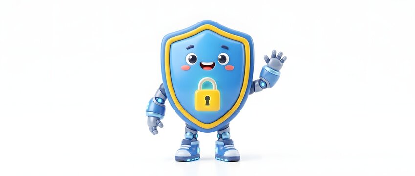 Cute robot shield character with padlock waving hello for security concept