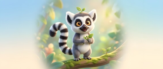 Obraz premium Cute cartoon lemur character standing on tree branch with plant sprout