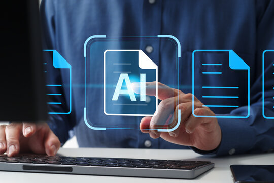 AI processing business documents and text data. Intelligent automation system for extracting key information and generating summaries. Businessman tapping file icon. Computer keyboard and monitor.