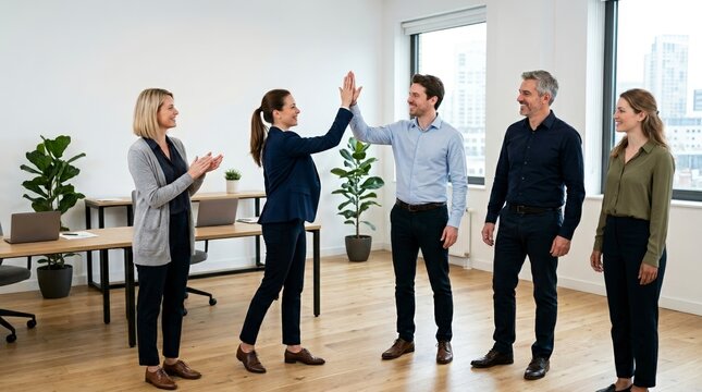 Business team celebrating win in modern office. Group of professional colleagues high five after successful project. Corporate teamwork and success concept