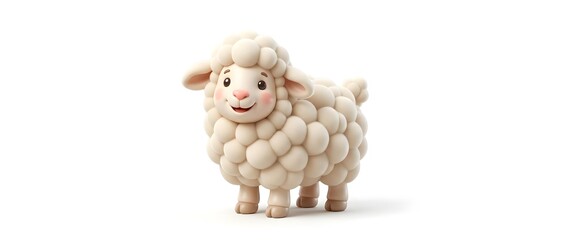 Fototapeta premium Fluffy cartoon sheep character with white wool isolated on white background