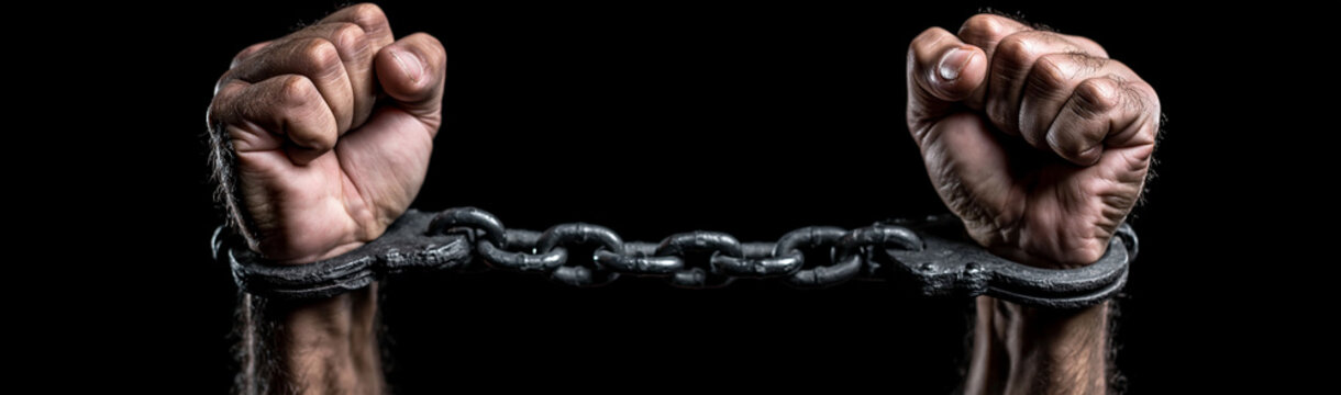 Chained Fists: Two powerful, muscular fists are bound together by a heavy metal chain, symbolizing struggle, confinement, and the fight for freedom.
