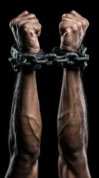 Bound by Chains: Powerful, muscular arms are tightly bound together by a heavy metal chain against a stark black background, symbolizing struggle and confinement.