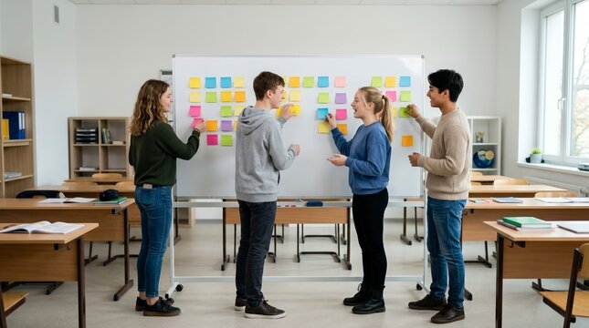 Teenagers brainstorming with sticky notes on a whiteboard in a classroom. High school students collaborating on a group project. Interactive learning and education concept