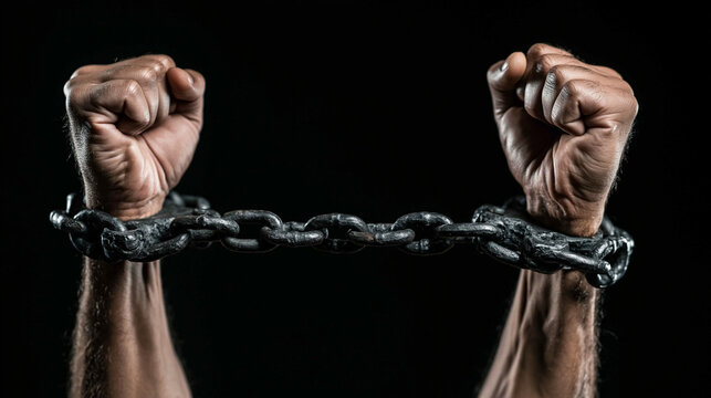 Chains of Struggle: A pair of hands clenched into fists, bound by heavy metal chains, symbolizing oppression and the fight for freedom.