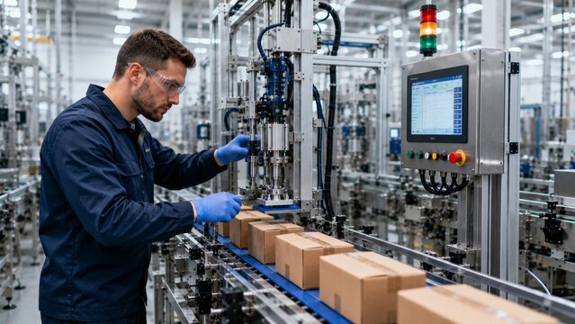 Male Technician Calibrating an Automated Carton Packaging Machine on a Production Line