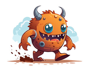 Fototapeta premium Cute orange furry monster cartoon character walking with funny face expression and horns for kids book story or fantasy game asset