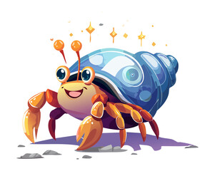 Cute hermit crab vector illustration wearing smooth spiral seashell shell with big curious eyes walking for ocean sea life character design