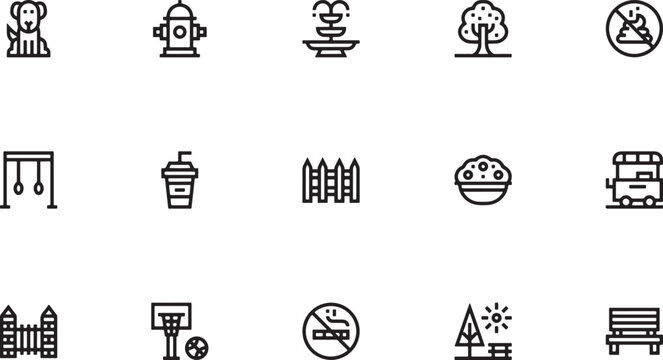 City park environment and public infrastructure outline icon set featuring classic fire hydrants water fountains nature trees wooden fences and coffee cups