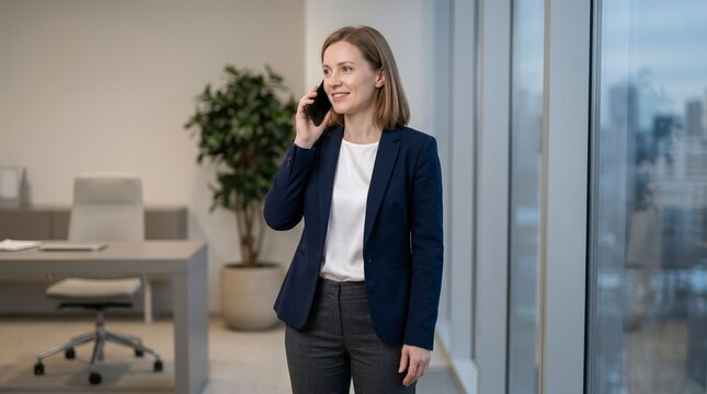 Smiling corporate woman talking on a smartphone in a modern office. Female professional standing by a window during a business call