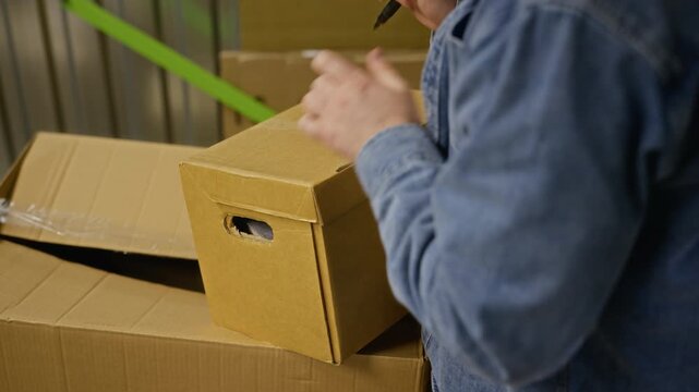 Cropped shot of man packing book into cardboard box, closing lid, writing label with marker, and carrying it away inside storage unit. Clip is ideal for relocation or self storage ads