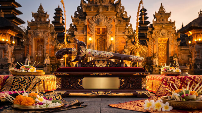Traditional Balinese Kris dagger placed on decorative wooden stand with Canang Sari flower offerings in front of ancient temple background during twilight.