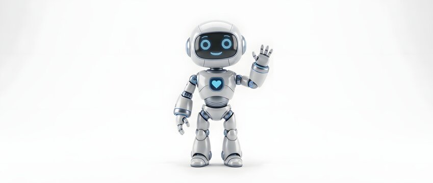 Friendly cartoon robot character waving hello with a heart symbol on chest