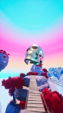 360 Rotating View of Metallic Silver Skull Synthwave Sunset Fantasy World Game Asset