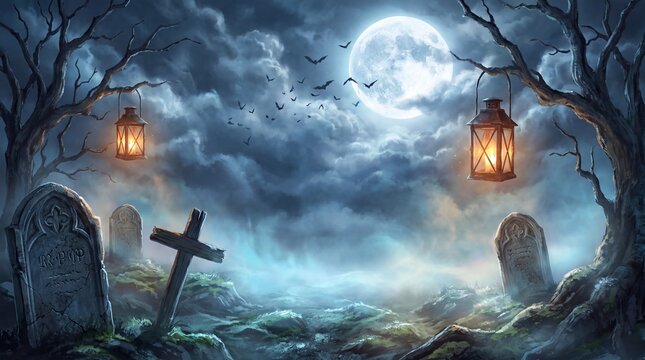 Eerie cemetery landscape under full moon with glowing lanterns hanging from twisted bare dead trees with depicts spooky graveyard night