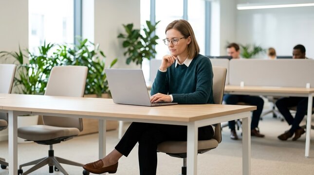 Thoughtful assistant wearing glasses working on laptop. Professional woman at desk in modern open plan office