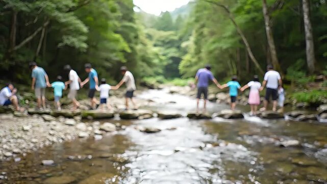 A group of people, including adults and children, holding hands and carefully crossing a shallow river on stepping stones in a lush green forest.