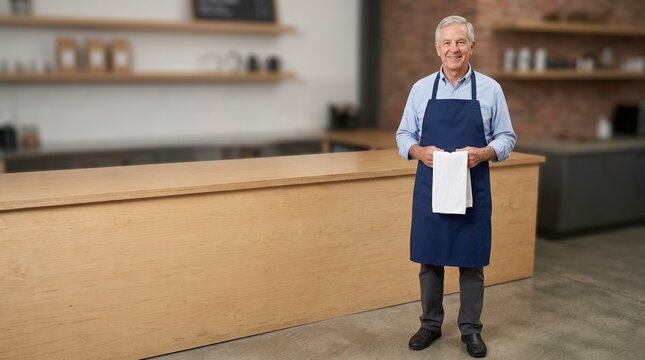 Smiling senior male worker in apron standing behind a service counter. Friendly older business owner or barista holding a towel in a modern cafe. Hospitality and small business concept