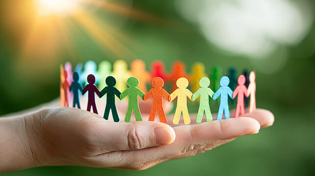 Circle of Unity: A hand gently holds a colorful paper chain of diverse people, symbolizing community and connection under a warm sunlit sky.