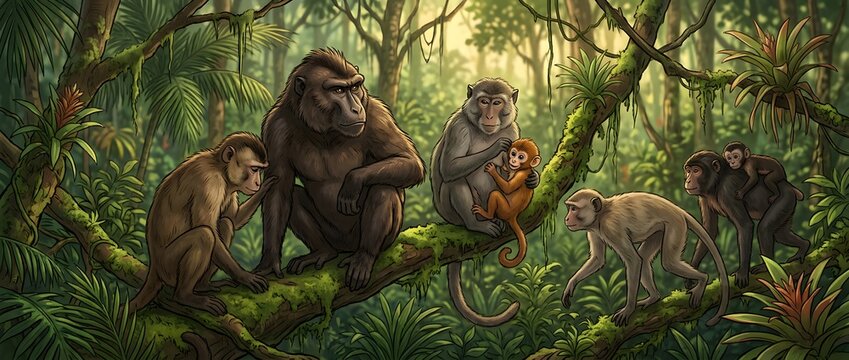 Group of monkeys resting and walking on tree branches in lush jungle environment