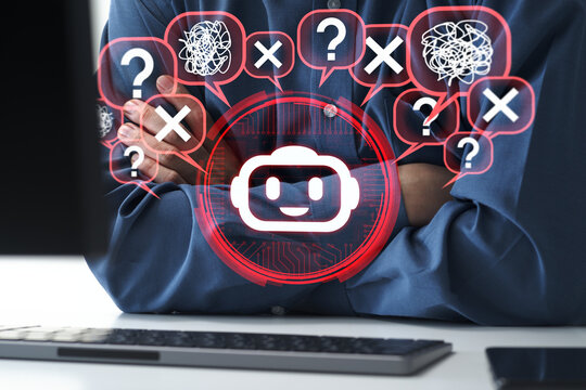 AI hallucinations and inaccurate responses. False information and low quality outputs. Businessman using generative AI on desktop computer with crossed arms.