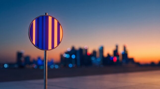 Glowing circular sign featuring vertical stripes against blurred city skyline at dusk twilight horizon with cityscape during vibrant standing against softly