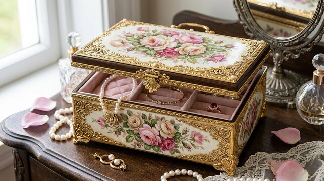 Elegant ornate jewelry box filled with precious accessories on a vintage dresser
