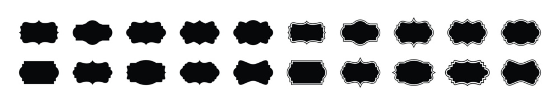 Black decorative label silhouettes, vintage frame shapes, retro outline badge, ornate geometric borders. Simple rectangle art deco border frame vector set.