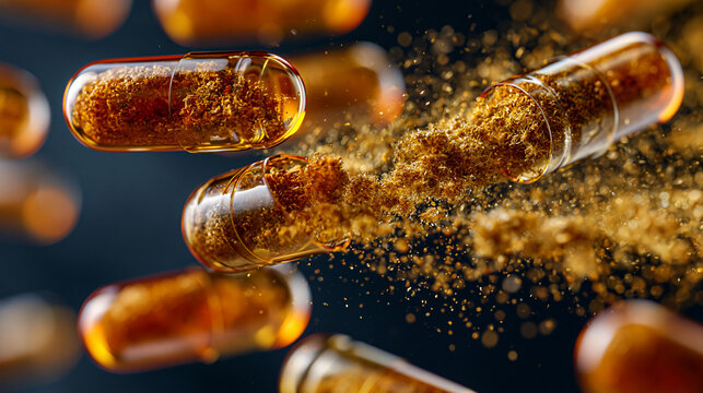 Close-up of amber capsules scattering their contents