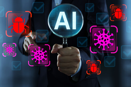 AI powered antivirus security system. Detecting computer viruses and malware. Continuously monitoring infrastructure to identify cybersecurity threats. Businessman holding magnifying glass.