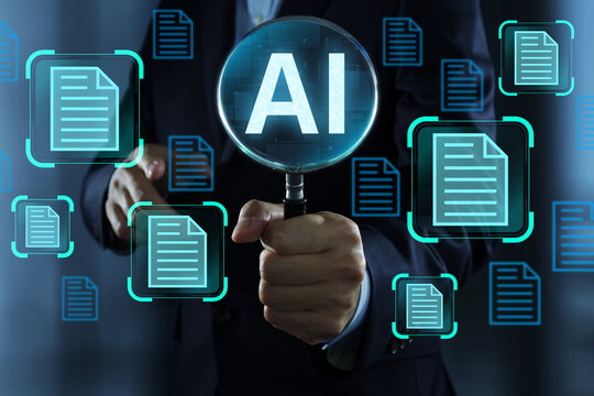 AI powered semantic document search system. Retrieval-augmented generation RAG for enterprise internal knowledge management. Businessman holding magnifying glass.