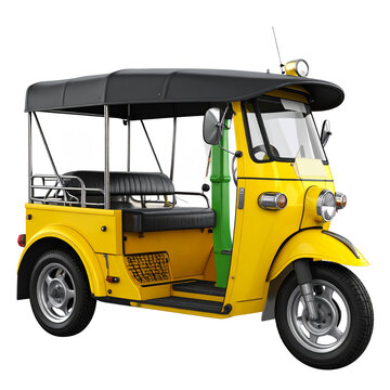 Modern Yellow and Green Auto Rickshaw Street Perspective Isolated on Transparent Background 