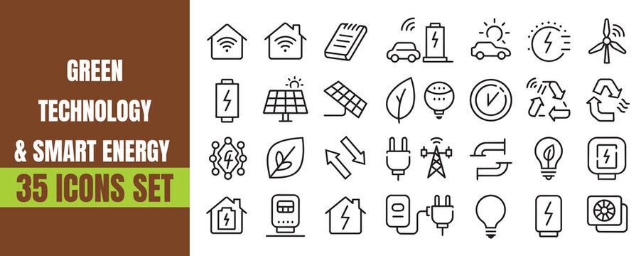 Sustainability Eco Green Technology Icons set,  Outline Minimal Stroke icon bundle, Smart Energy AI Electric Vehicle Clean Vector UI Icons Set Collections