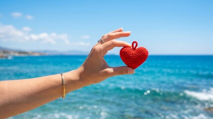 Fototapeta premium Hand holding a red heart against a vibrant blue ocean backdrop, symbolizing love and vacation.