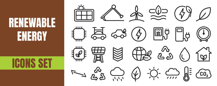 Eco Renewable Energy Icons pack,Clean Outline Minimal Stroke icons set, Solar Wind Battery Power Green Technology Clean Vector UI Icon Set collections