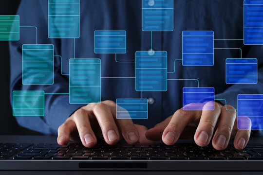 Class diagram for system design and software development. Engineer creating class diagrams to model business logic. Man typing on computer keyboard.