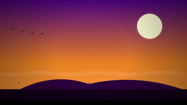 Warm Sunset Forest Parallax Animation with Full Moon and Flying Birds