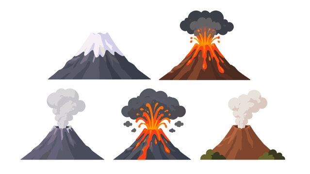 Set of volcano mountains with eruption and smoke in vector style
