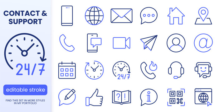 Contact us, customer support line icons set. Telephone, email, chatbot, 24 7 service, FAQ, location flat minimal vector illustrations. Simple outline ui signs. Blue duotone color. Editable Stroke.
