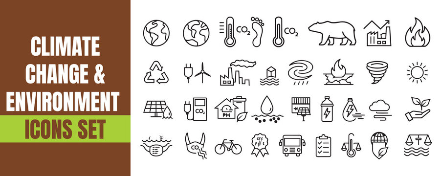 Climate change and environment icons set for ecological problems global warming pollution icons pack, clean Outline Minimal Stroke Vector UI Icon collections