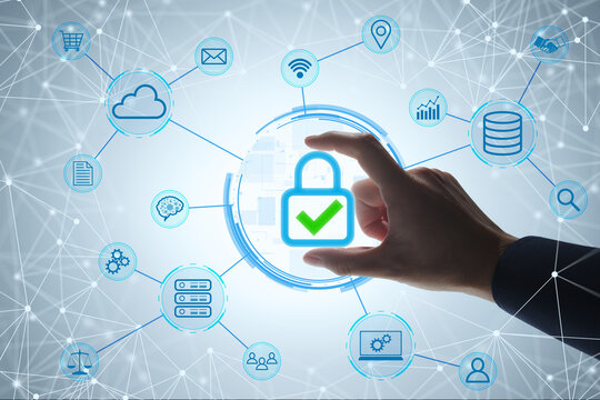Network security and data protection. Secure enterprise network using zero trust authentication. Businessman holding padlock icon.