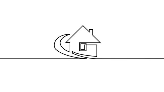 Continuous One Line and Dashed Line Real Estate House with Curved Swoosh Logo Drawing Animation Isolated on Yellow, Green Screen Chroma Key, Black, and White Backgrounds