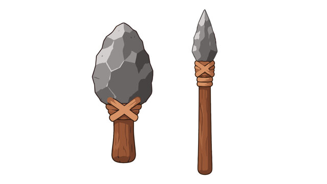 Primitive stone tools with wooden handles illustration