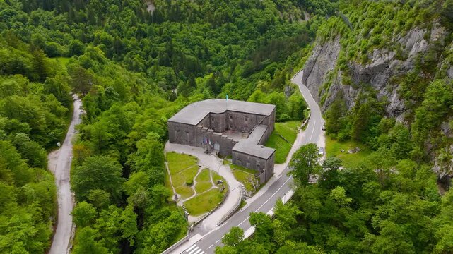 Stronghold of Kluže fort cultural site in Soca Valley near Bovec. Aerial riser