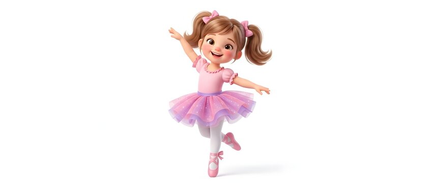 Animated young girl in ballet tutu performing graceful dance pose
