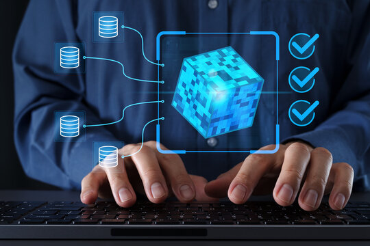 High data quality and accuracy. Data integration management platform. Monitoring data consistency and completeness. Businessman typing on computer keyboard.