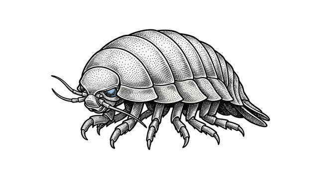Giant isopod woodlouse stipple drawing illustration.