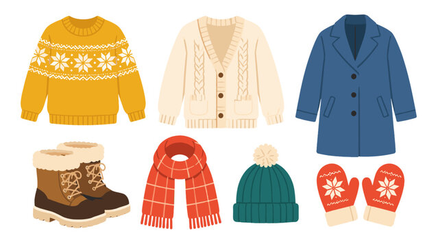 Set of winter clothing items with sweater coat boots and accessories