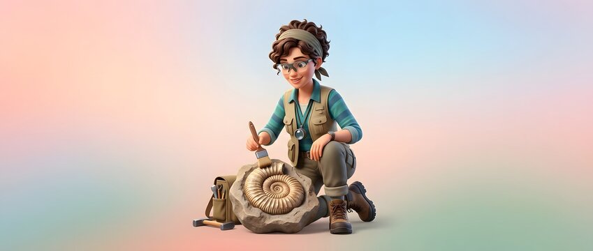 Cartoon archaeologist discovers ancient fossil with brush and backpack