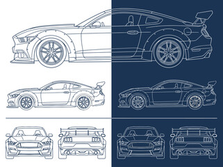 Obraz premium Modern Sports Car Technical Blueprint Set with Front, Side, and Rear Views